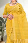 Mustard Yellow Cotton Blend Woven Work Traditional Saree