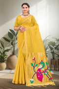 Mustard Yellow Cotton Blend Woven Work Traditional Saree