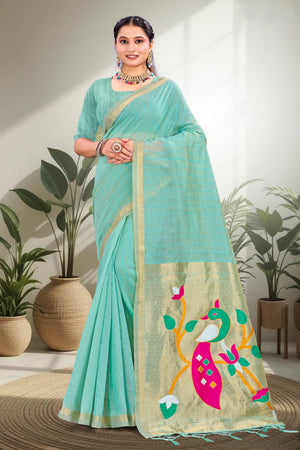 Aqua Blue Cotton Blend Woven Work Traditional Saree
