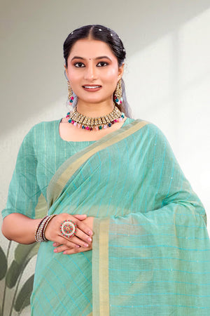 Aqua Blue Cotton Blend Woven Work Traditional Saree