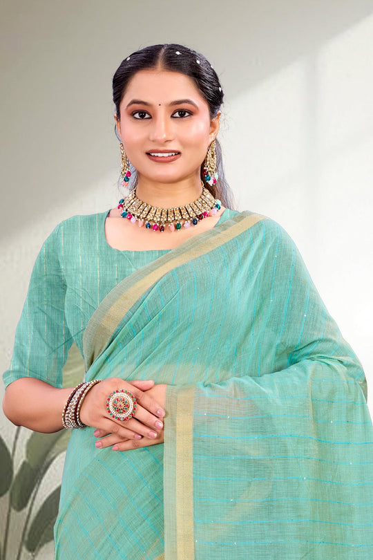 Aqua Blue Cotton Blend Woven Work Traditional Saree