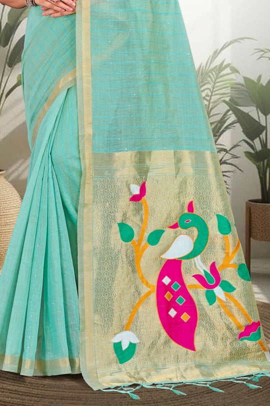 Aqua Blue Cotton Blend Woven Work Traditional Saree