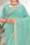 Aqua Blue Cotton Blend Woven Work Traditional Saree