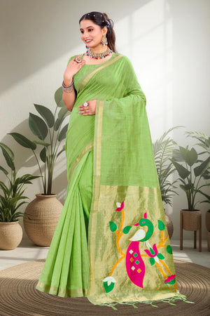 Parrot Green Cotton Blend Woven Work Traditional Saree