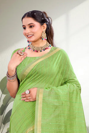 Parrot Green Cotton Blend Woven Work Traditional Saree