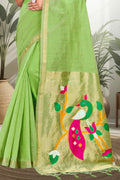Parrot Green Cotton Blend Woven Work Traditional Saree