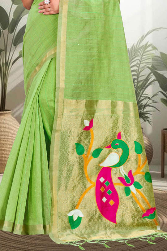 Parrot Green Cotton Blend Woven Work Traditional Saree