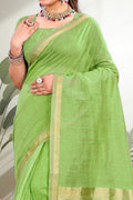 Parrot Green Cotton Blend Woven Work Traditional Saree