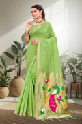 Parrot Green Cotton Blend Woven Work Traditional Saree