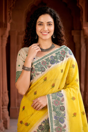 Haldi Yellow Cotton Blend Woven Work Traditional Saree