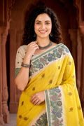 Haldi Yellow Cotton Blend Woven Work Traditional Saree