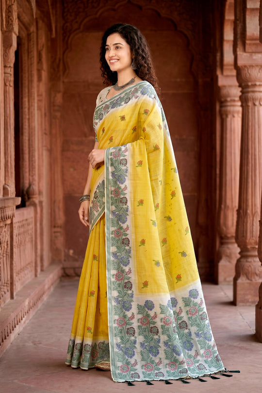 Haldi Yellow Cotton Blend Woven Work Traditional Saree