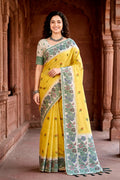 Haldi Yellow Cotton Blend Woven Work Traditional Saree