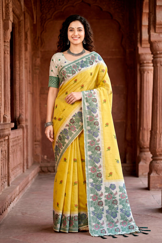 Haldi Yellow Cotton Blend Woven Work Traditional Saree