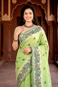 Pista Green Cotton Blend Woven Work Traditional Saree