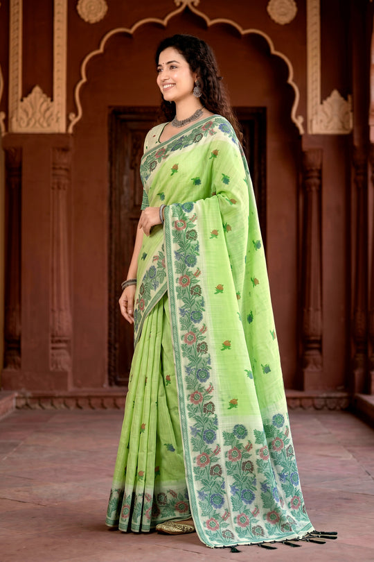Pista Green Cotton Blend Woven Work Traditional Saree