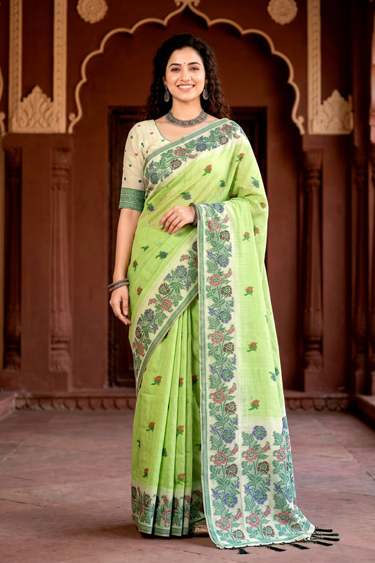 Pista Green Cotton Blend Woven Work Traditional Saree