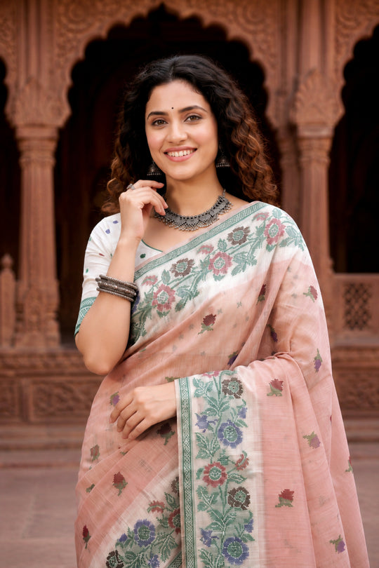 Dusty Peach Cotton Blend Woven Work Traditional Saree