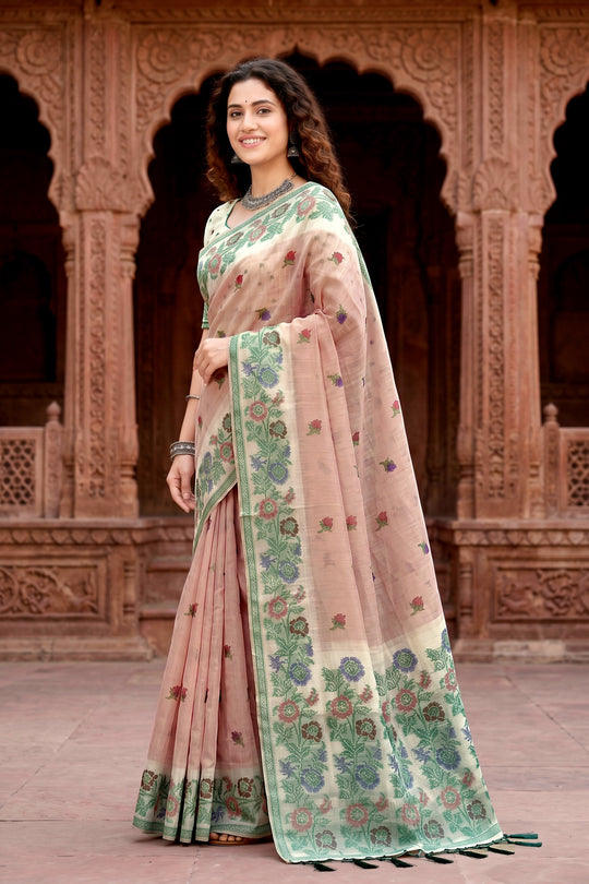 Dusty Peach Cotton Blend Woven Work Traditional Saree