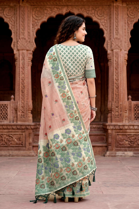 Dusty Peach Cotton Blend Woven Work Traditional Saree