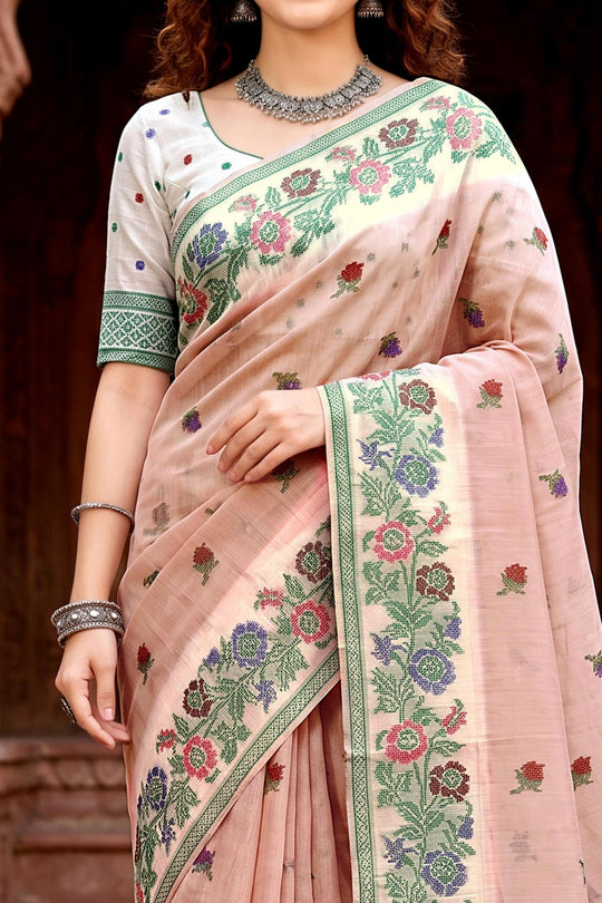 Dusty Peach Cotton Blend Woven Work Traditional Saree