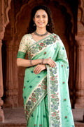 Mint Green Cotton Blend Woven Work Traditional Saree