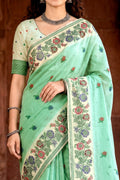 Mint Green Cotton Blend Woven Work Traditional Saree
