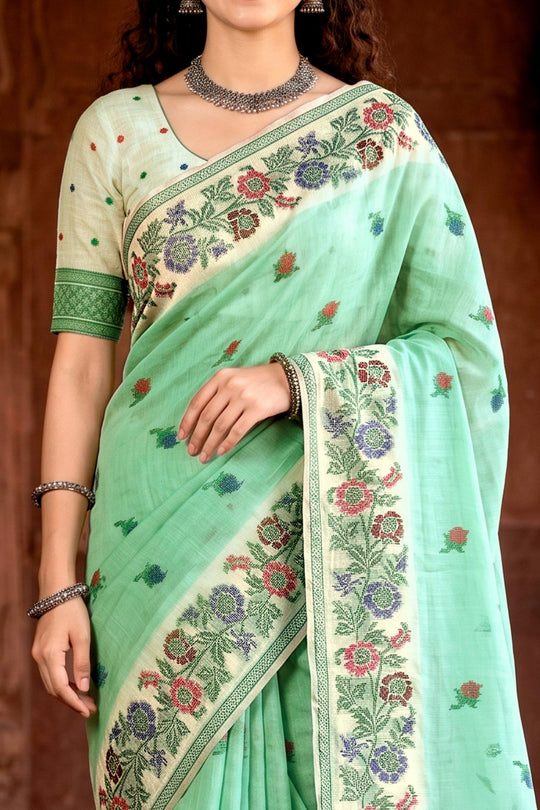 Mint Green Cotton Blend Woven Work Traditional Saree