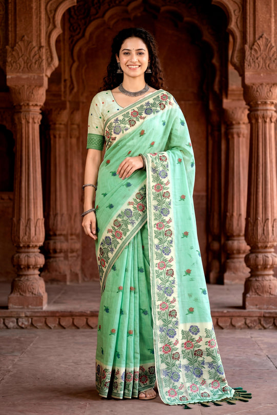 Mint Green Cotton Blend Woven Work Traditional Saree