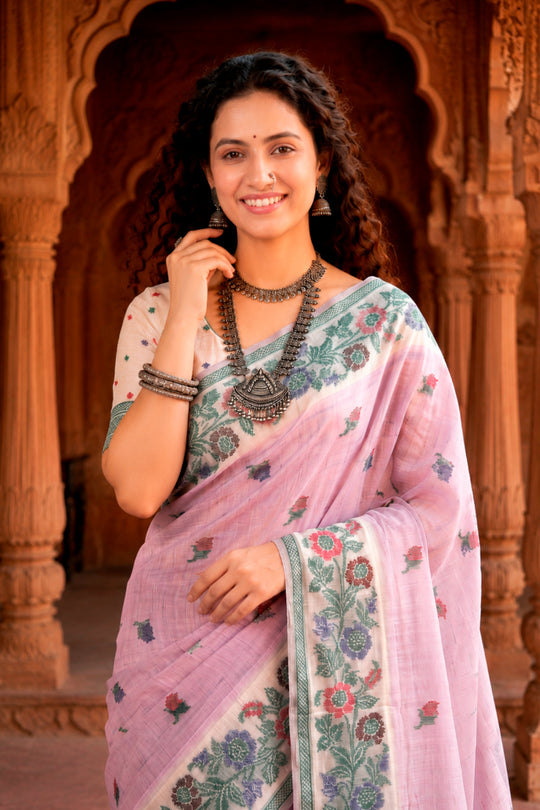 Lavender Cotton Blend Woven Work Traditional Saree