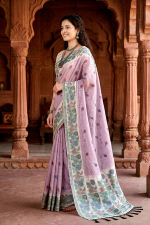 Lavender Cotton Blend Woven Work Traditional Saree