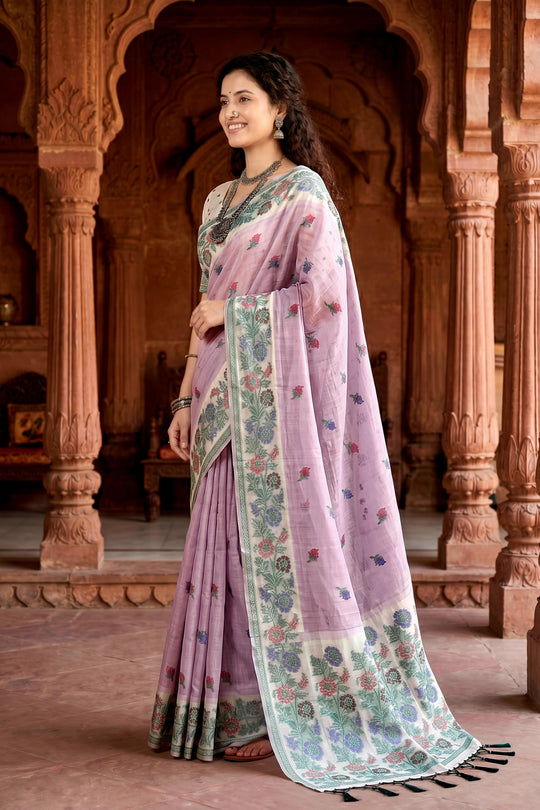 Lavender Cotton Blend Woven Work Traditional Saree