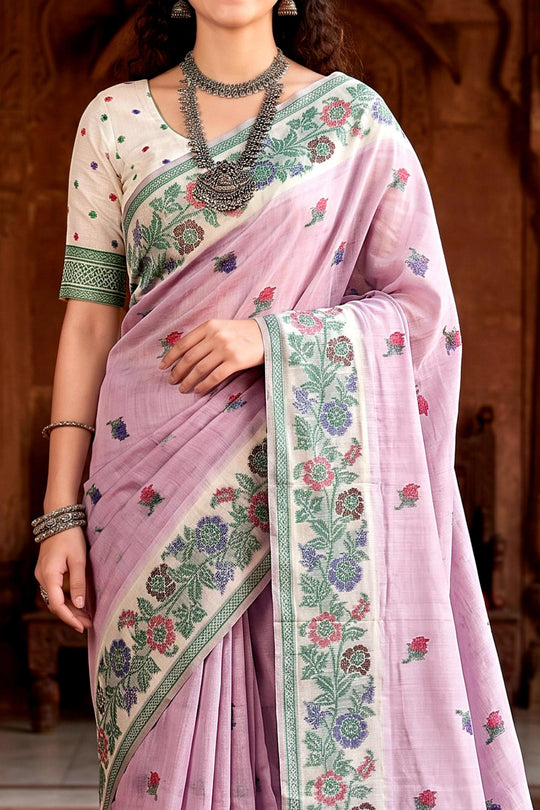 Lavender Cotton Blend Woven Work Traditional Saree