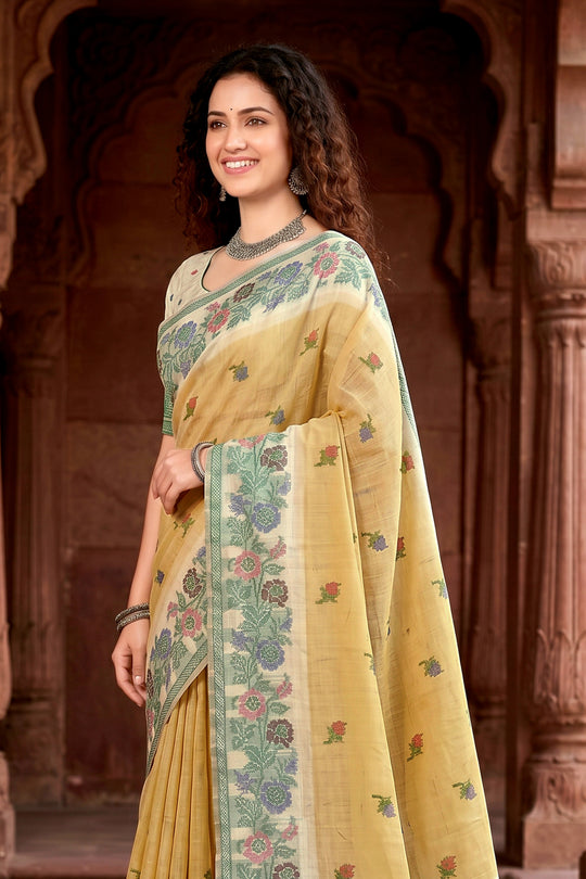 Mustard Yellow Cotton Blend Woven Work Traditional Saree