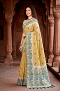 Mustard Yellow Cotton Blend Woven Work Traditional Saree