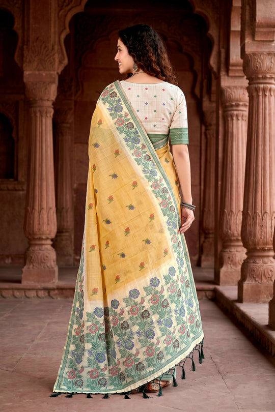 Mustard Yellow Cotton Blend Woven Work Traditional Saree