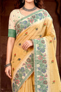 Mustard Yellow Cotton Blend Woven Work Traditional Saree