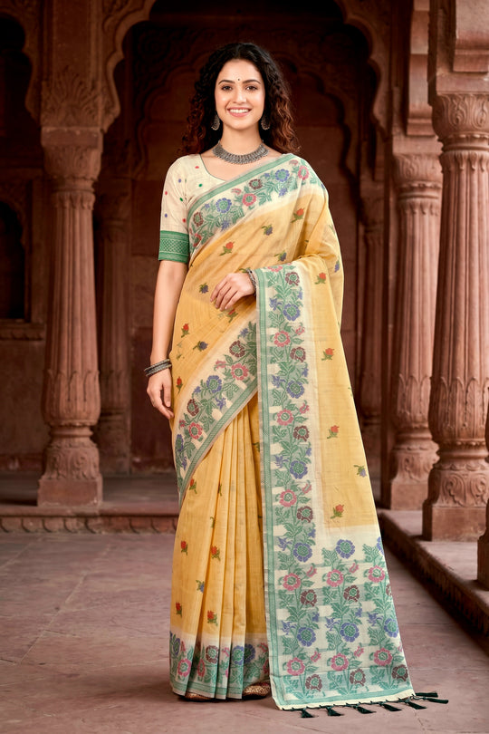 Mustard Yellow Cotton Blend Woven Work Traditional Saree