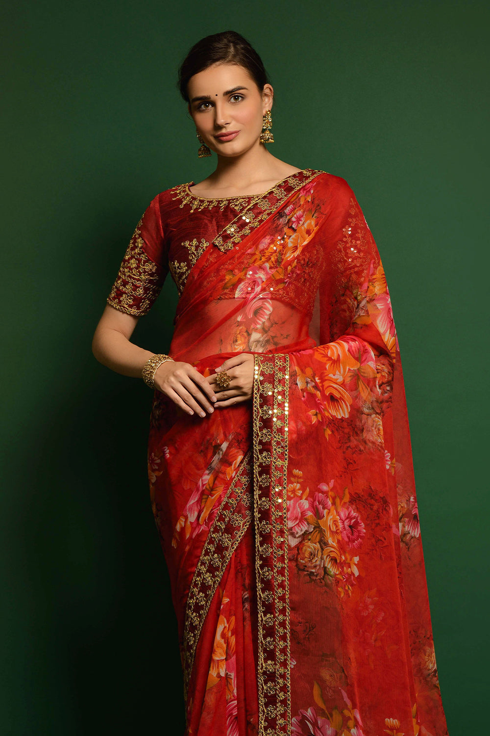 Floral Printed Red Georgette Saree With Blouse Piece