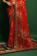 Floral Printed Red Georgette Saree With Blouse Piece