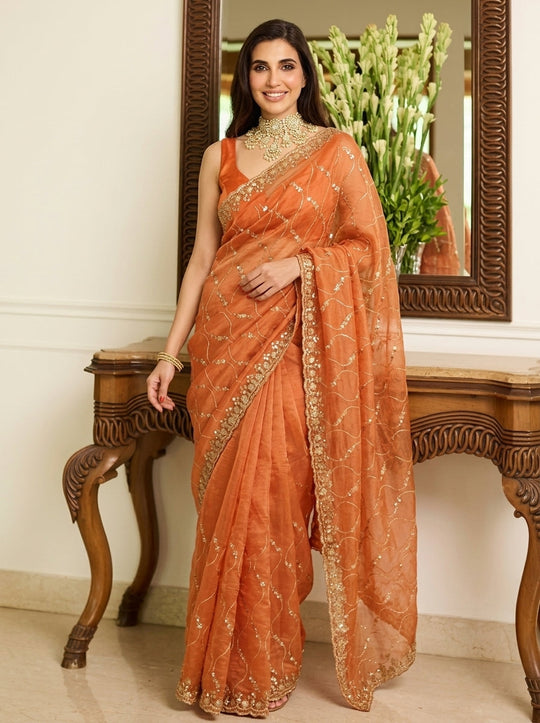Embroidered Embellished Sequinned Satin Saree