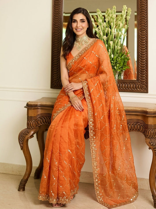 Embroidered Embellished Sequinned Satin Saree