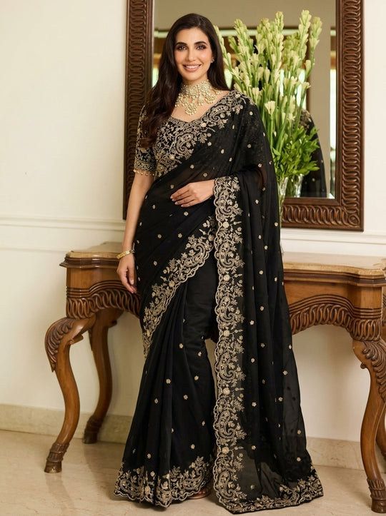 Embroidered Embellished Sequinned Satin Saree