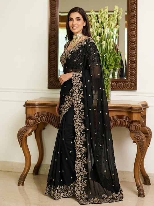 Embroidered Embellished Sequinned Satin Saree