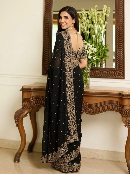 Embroidered Embellished Sequinned Satin Saree