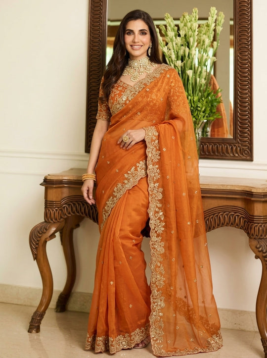 Embroidered Embellished Sequinned Satin Saree