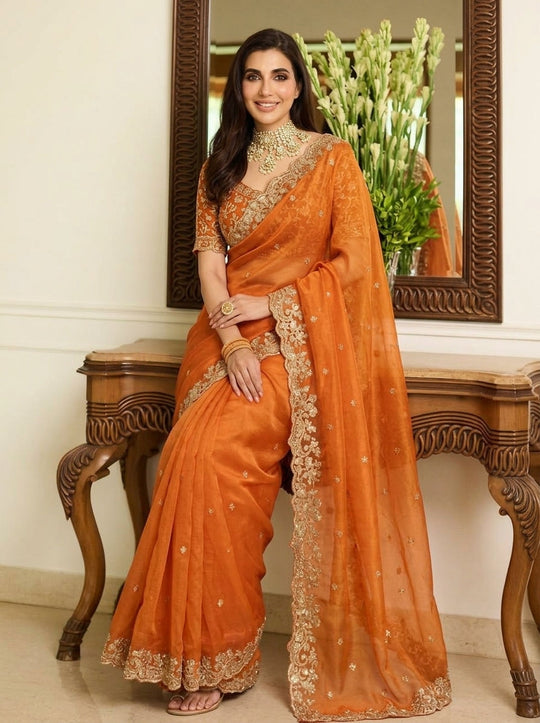 Embroidered Embellished Sequinned Satin Saree