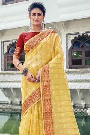 Womens Organza Silk Yellow Saree With Blouse Piece