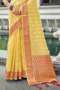 Womens Organza Silk Yellow Saree With Blouse Piece