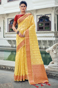 Womens Organza Silk Yellow Saree With Blouse Piece